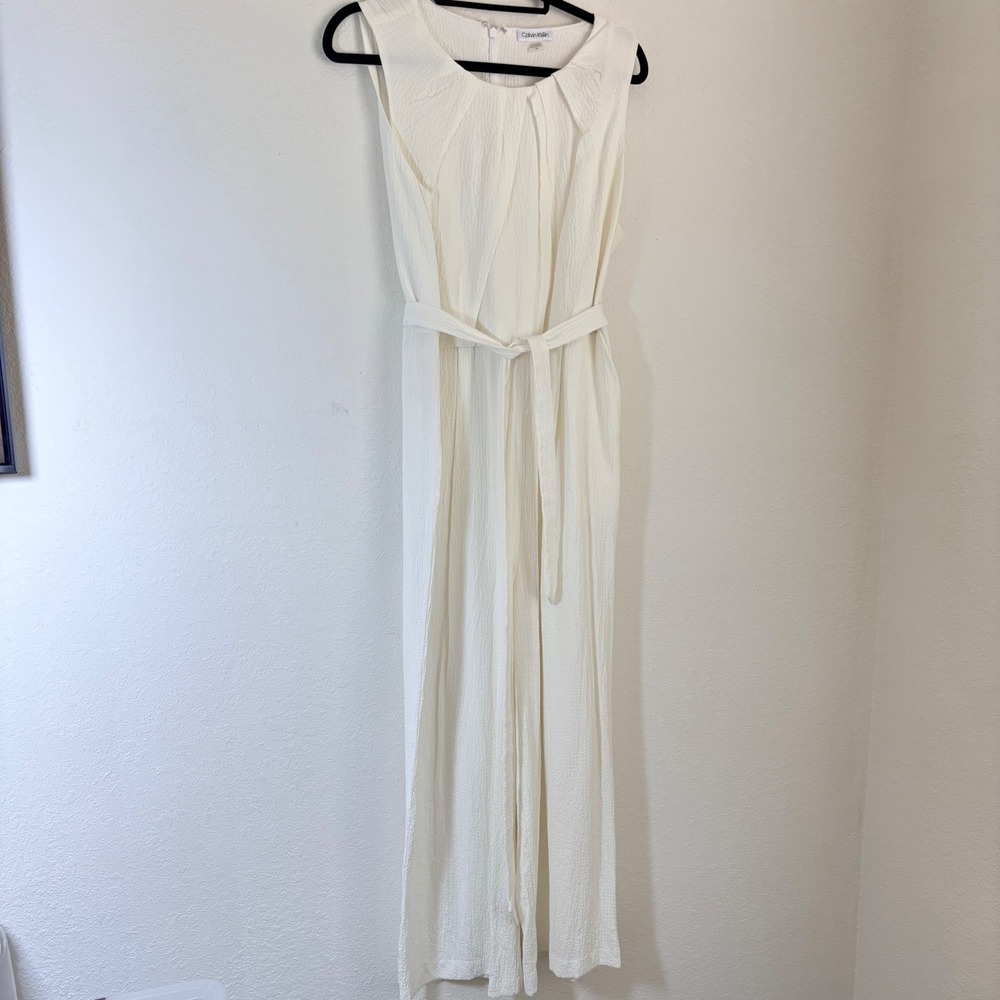 Calvin Klein Jumpsuit 16 Ivory Cream Textured Wide Leg Belted Sleeveless